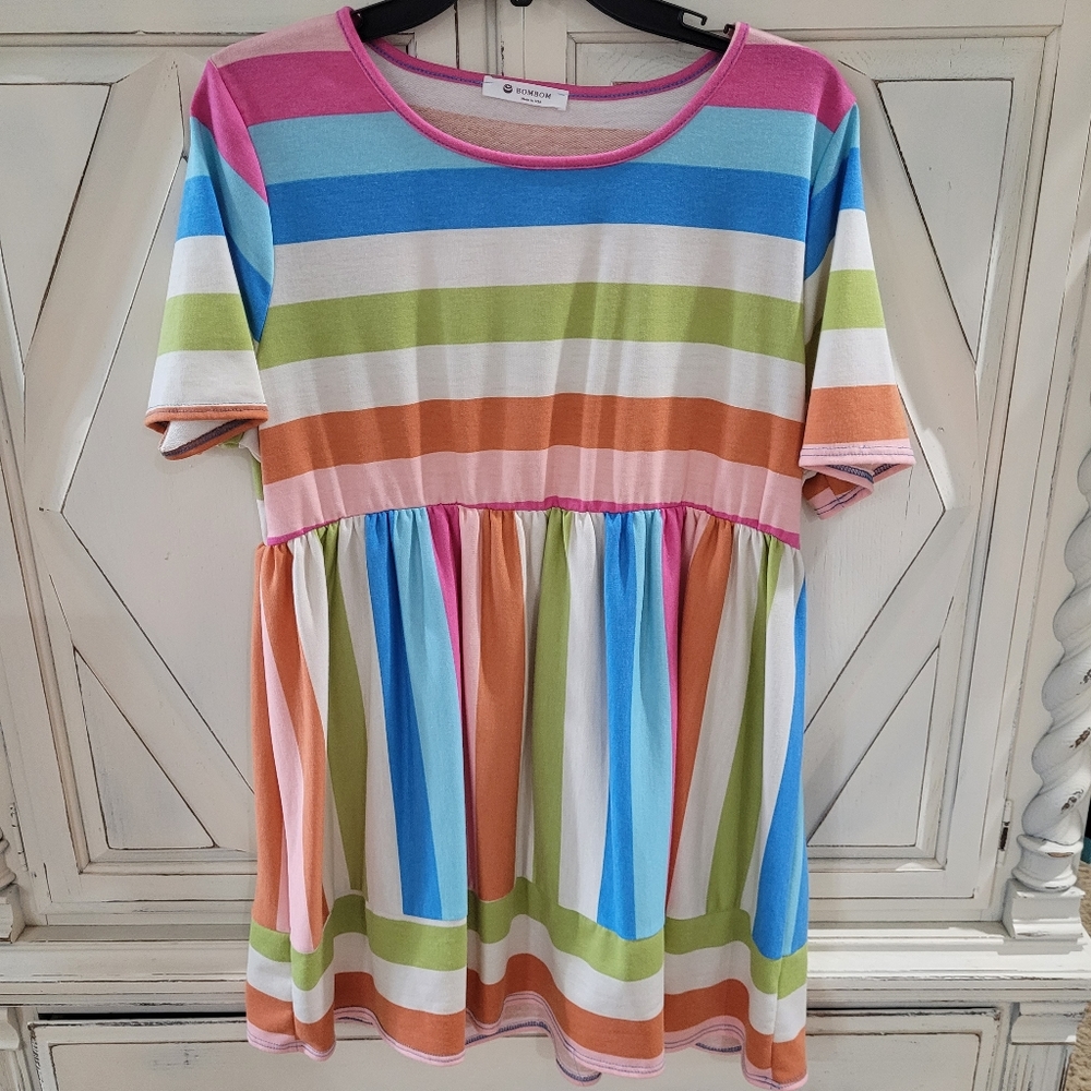 New Fun Color Stripe Tunic Style Top Shirt Short Sleeve